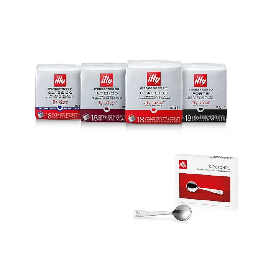 Coffee illy | Coffee Tasting Kit - 4 Packs of Iperespresso Capsules and 6 Girotondo Spoons